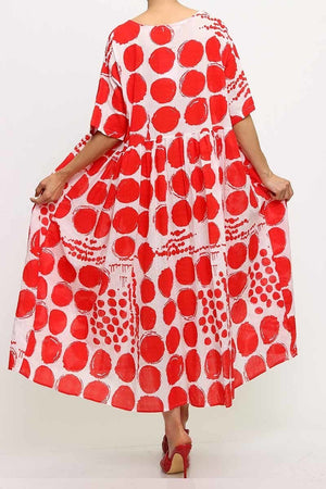 White/Red Polka Dot 1/2 Sleeve Midi Overflow Dress ONE SIZE FIT ALL(S to 2XL)