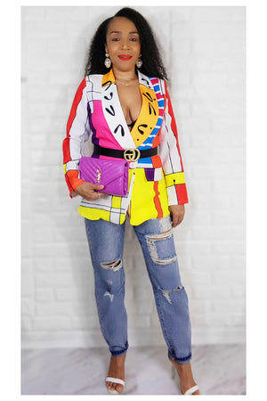 03072022 Yellow/Pink Multi Print Elegance One Button Blazer