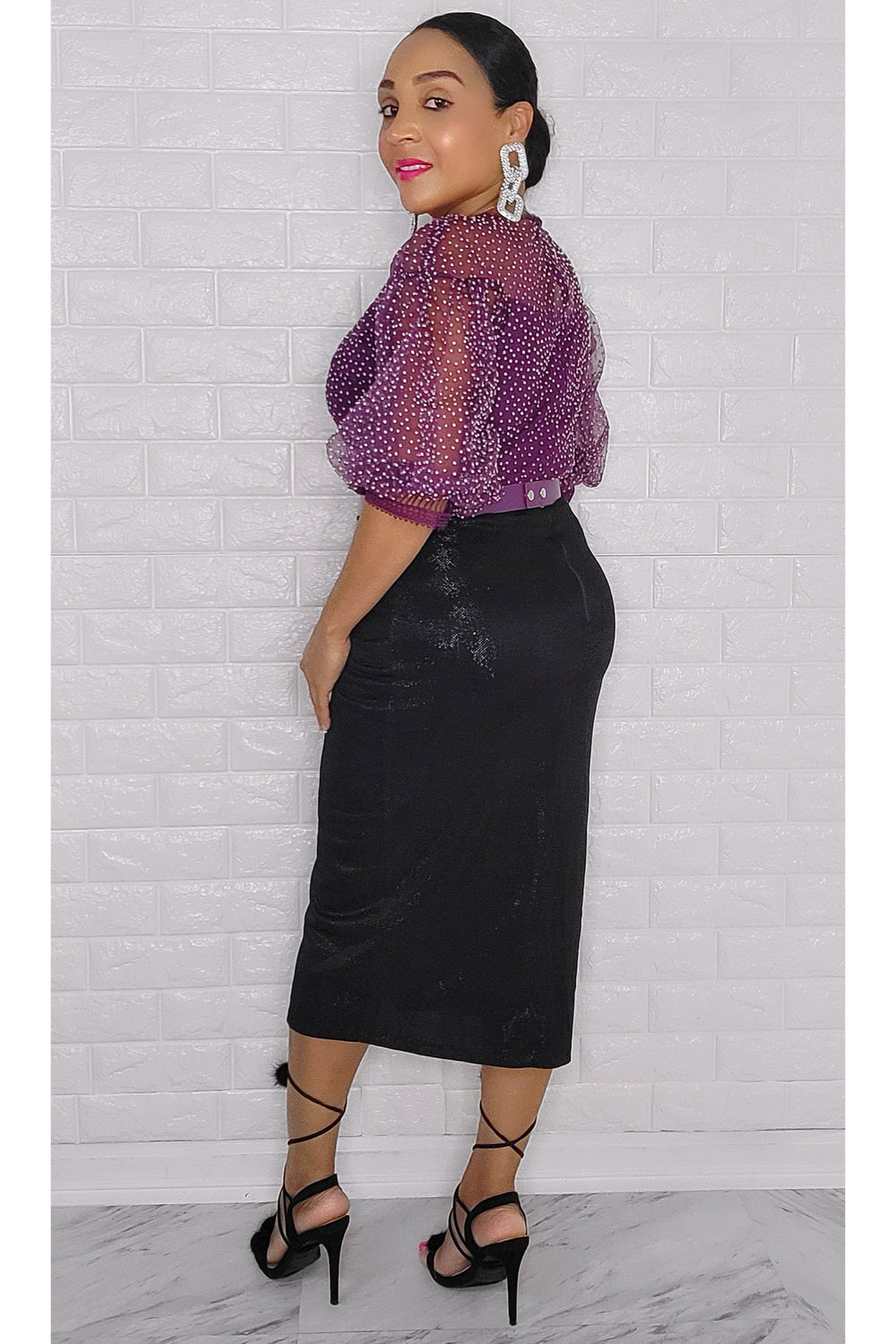 112222 Eggplant Polka Dot Print Midi Dress