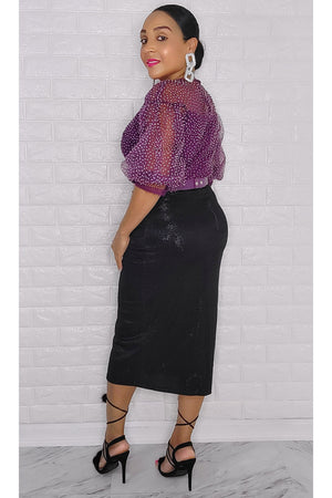 112222 Eggplant Polka Dot Print Midi Dress