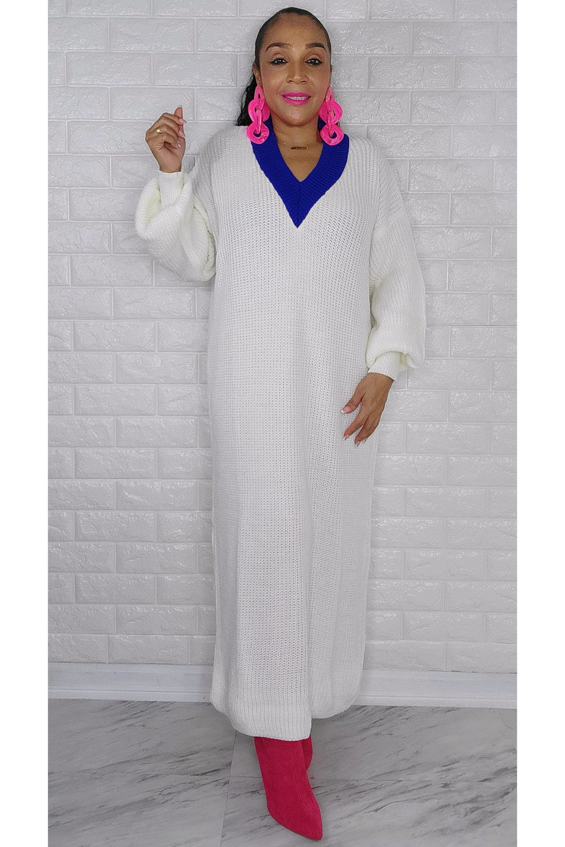120722 The White with Blue V Neckline Sweater Maxi Dress