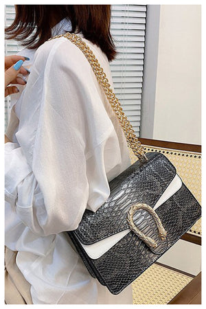 02232022 Dark Gray Snake Print w Gold Chain Satchel