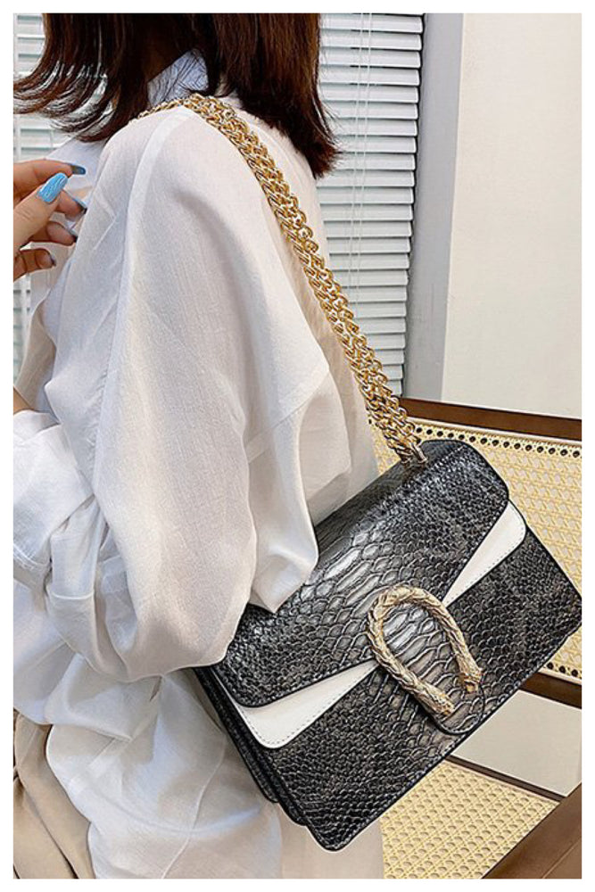 02232022 Dark Gray Snake Print w Gold Chain Satchel