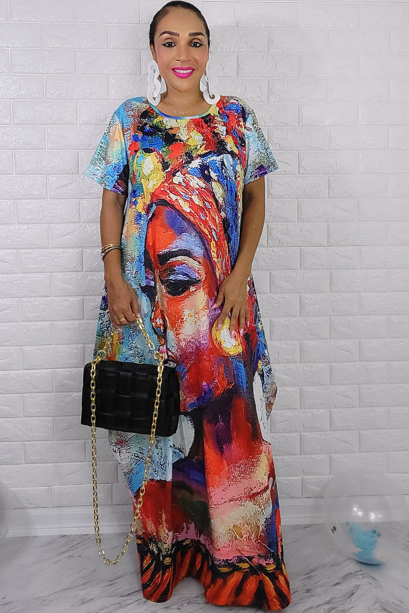 082122 The Painted Lady with Wrap Head Print Maxi Dress