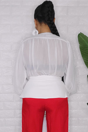 020923 White Classic Vintage Inspired Deep V One Button Blouse