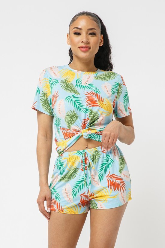 09072021 Brushed Dty Tropical Print Tie Front Top & Short Set