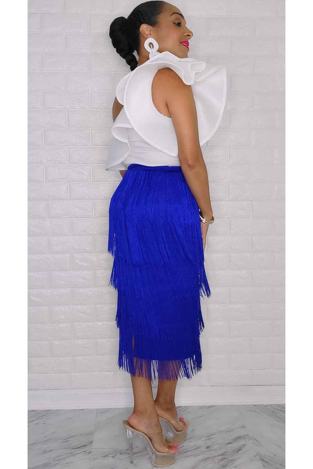 092022 The Royal Blue High Waist Fringe Skirt