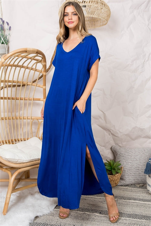 10122021 Royal Blue Short sleeve V-neck side slit maxi dress.