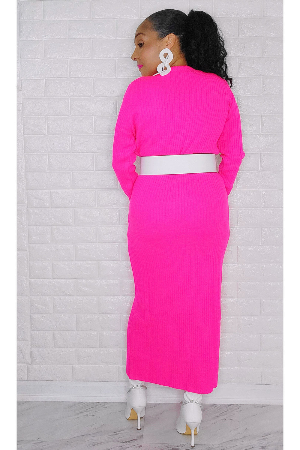 121522 Hot Pink Long Sleeve Midi Sweater Dress One Size Fit All