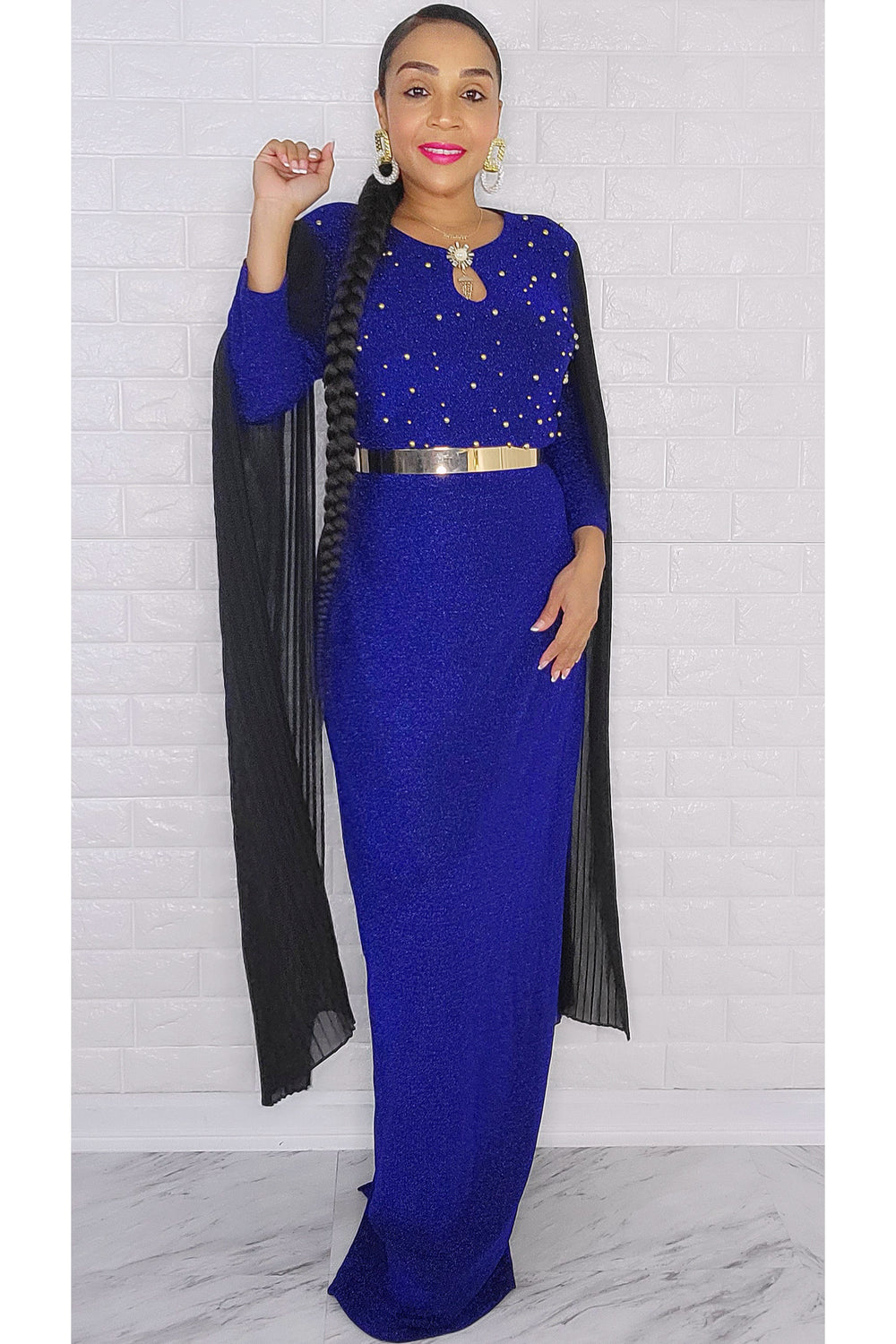 110522 Miss Extra Long Sheer Sleeve Royal Blue Dress