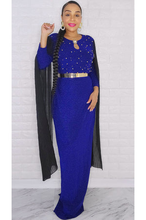 110522 Miss Extra Long Sheer Sleeve Royal Blue Dress