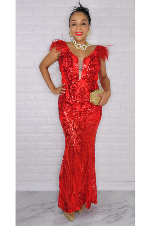 121022  Red Sequin Feathers Sleeve Mermaid Maxi dress