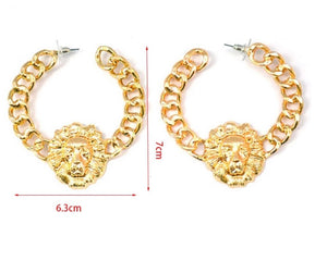 Gold Heavy Lion Head Stud Big Chain Earrings