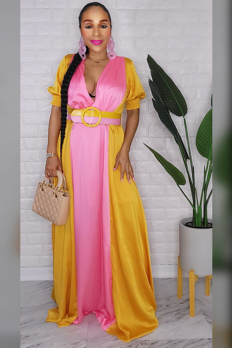 020123 Golden Mustard & Pink Colorblock Maxi Dress