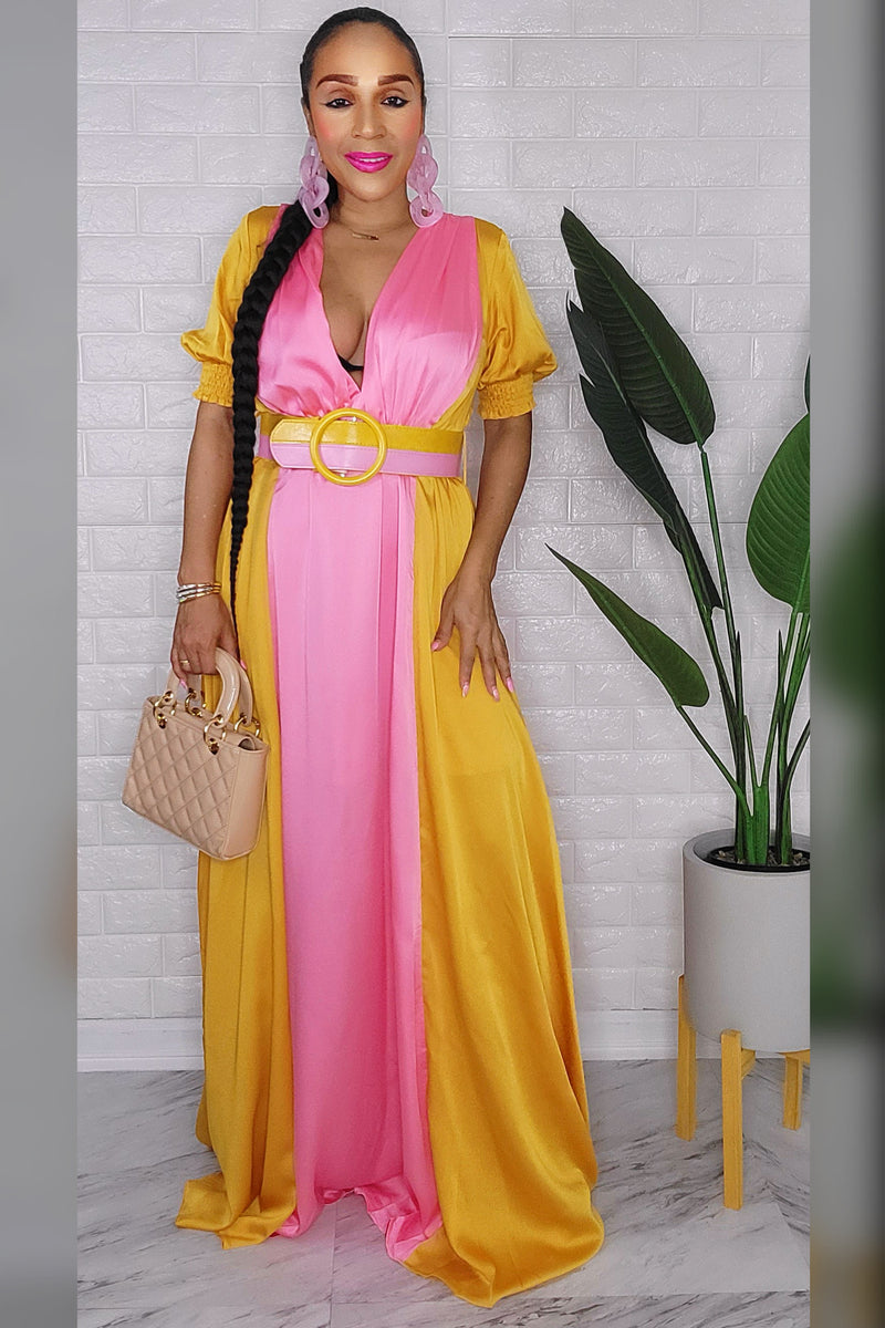 020123 Golden Mustard & Pink Colorblock Maxi Dress UNIK-ELEGANCE 020123 Golden Mustard & Pink Colorblock Maxi Dress UNIK-ELEGANCE