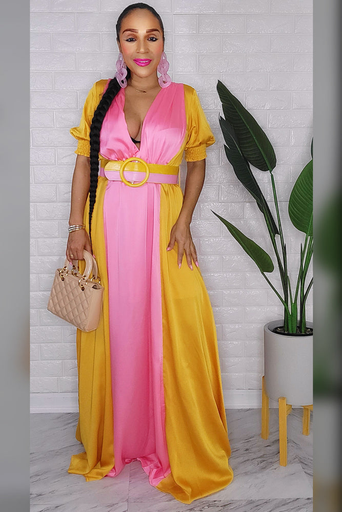 020123 Golden Mustard & Pink Colorblock Maxi Dress