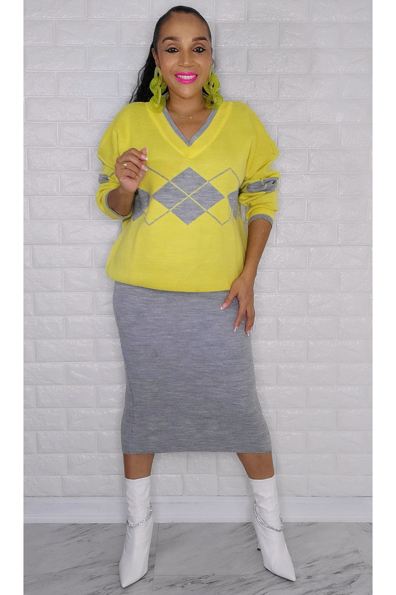 120722 The Yellow & Gray Sweater Skirt Set One Size fit all