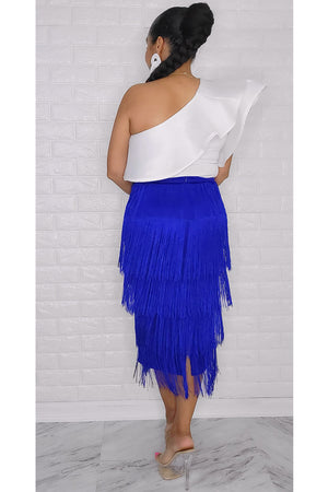 092022 The Royal Blue High Waist Fringe Skirt