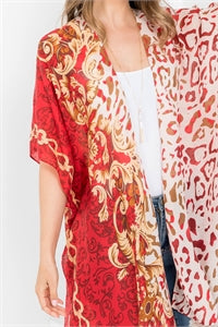 03242022 RED MULTI PATTERN LEOPARD PRINT OPEN FRONT KIMONO