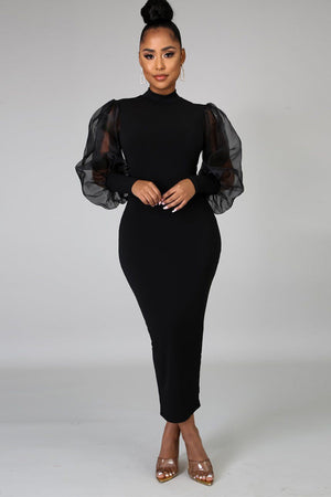 11122021 Back Puffy Slitted Lace Sleeve Fashion Midi Dress