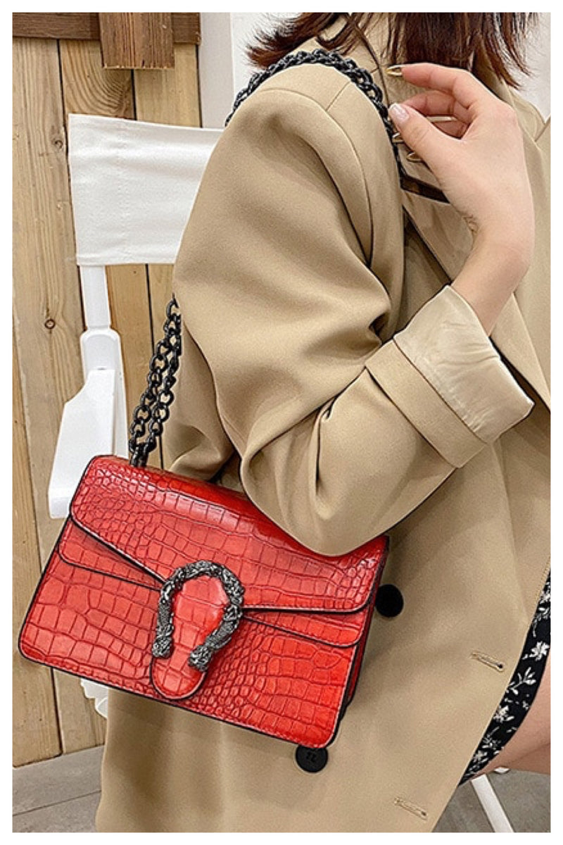 02232022 Red Snake Print w Silver Chain Satchel