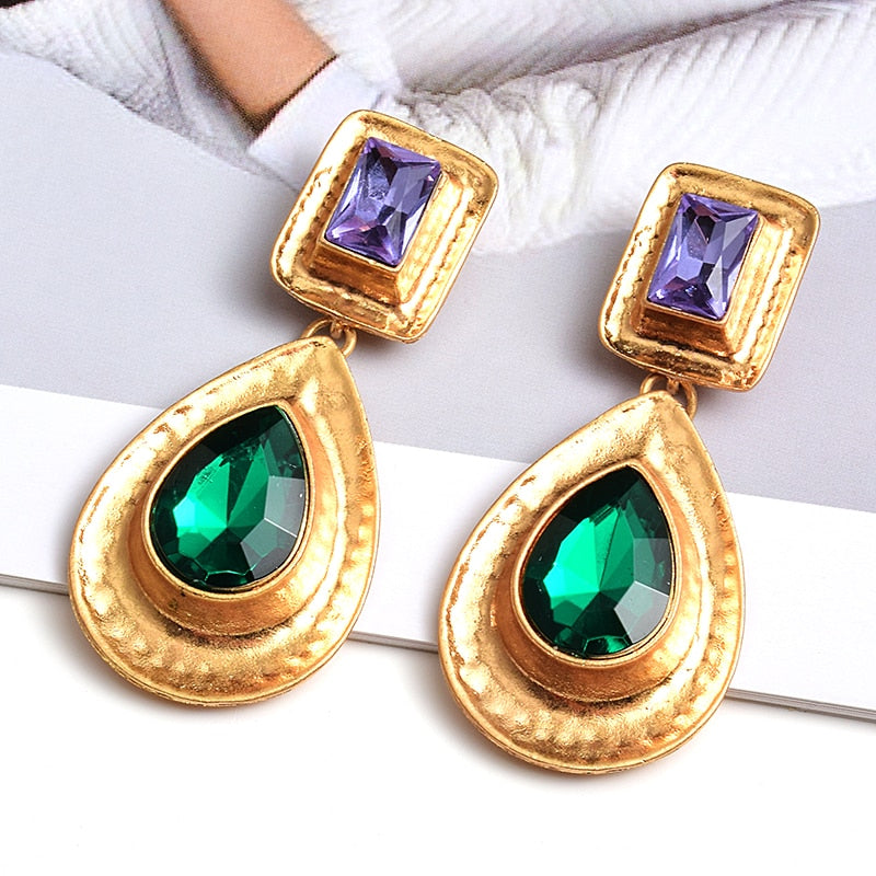 11192021 Purple Green Gold RHINSTONE Square w Ovals Earrings