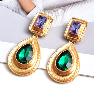 11192021 Purple Green Gold RHINSTONE Square w Ovals Earrings