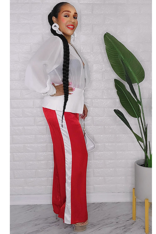 021023 The Red Kimy Tuxedo Style Pant with White Side Stripe