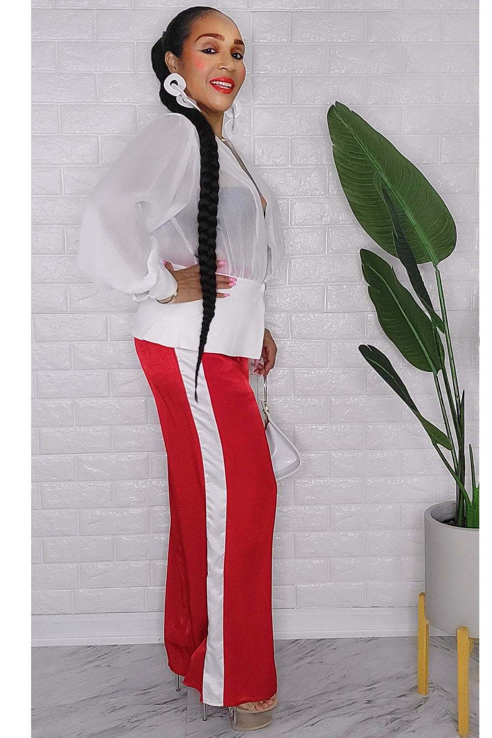 021023 The Red Kimy Tuxedo Style Pant with White Side Stripe