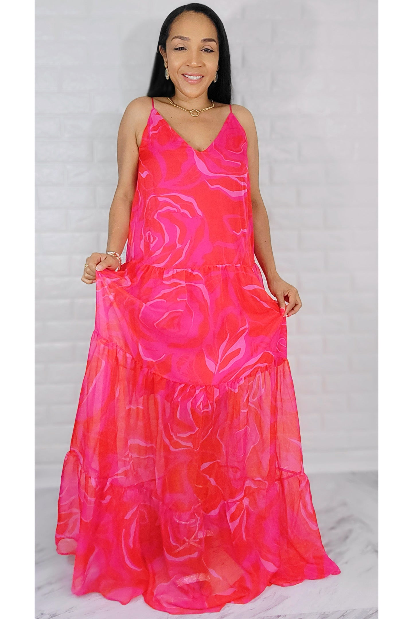05102022 My Pink Flowers Garden Spaghetti Stripes Maxi Dress