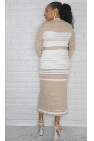 121622 Taupe/White Button Down Ribbon Midi Dress