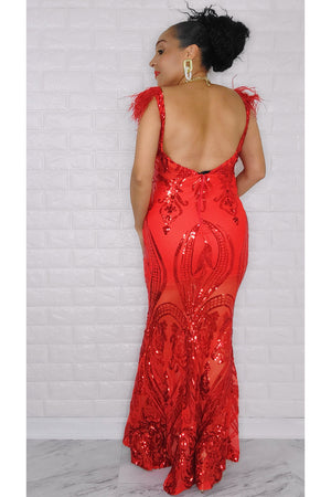 121022  Red Sequin Feathers Sleeve Mermaid Maxi dress