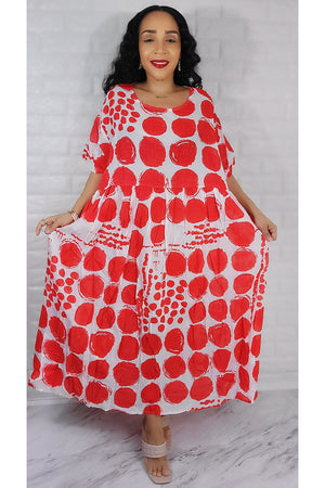 White/Red Polka Dot 1/2 Sleeve Midi Overflow Dress ONE SIZE FIT ALL(S to 2XL)