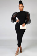 11122021 Back Puffy Slitted Lace Sleeve Fashion Midi Dress