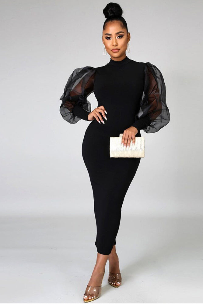 11122021 Back Puffy Slitted Lace Sleeve Fashion Midi Dress