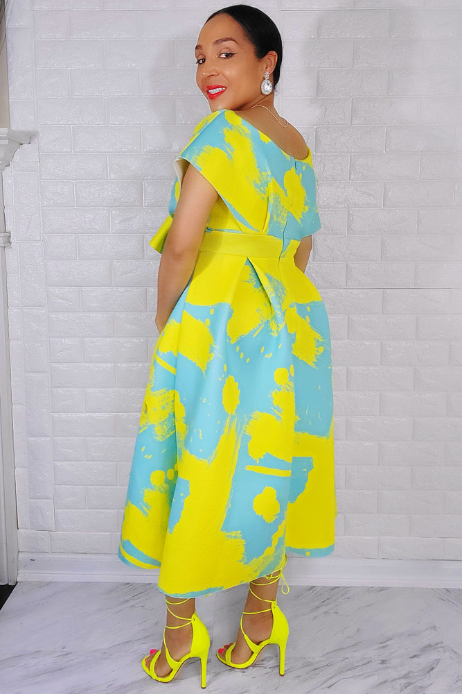 061422 Lady Sonia Neon & Turquoise Print Dress