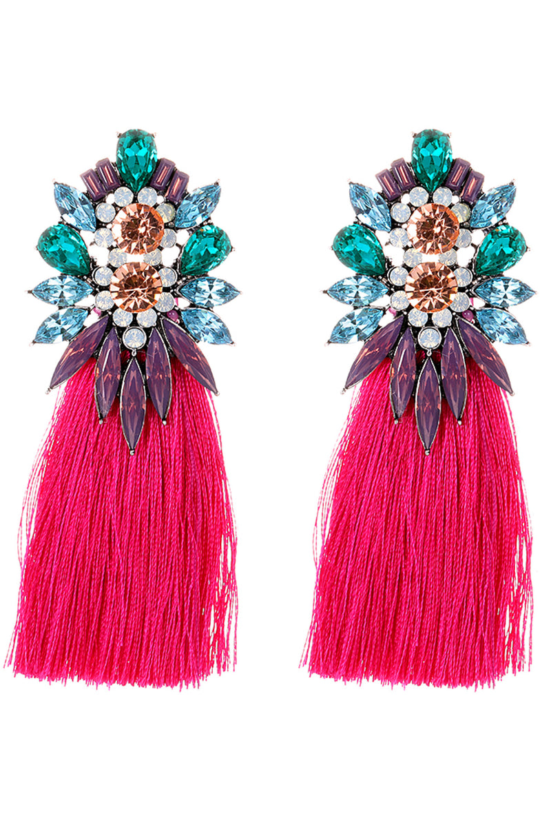 061322 Pink Big Crystal Flowers Rhinstone Tassel Earrings