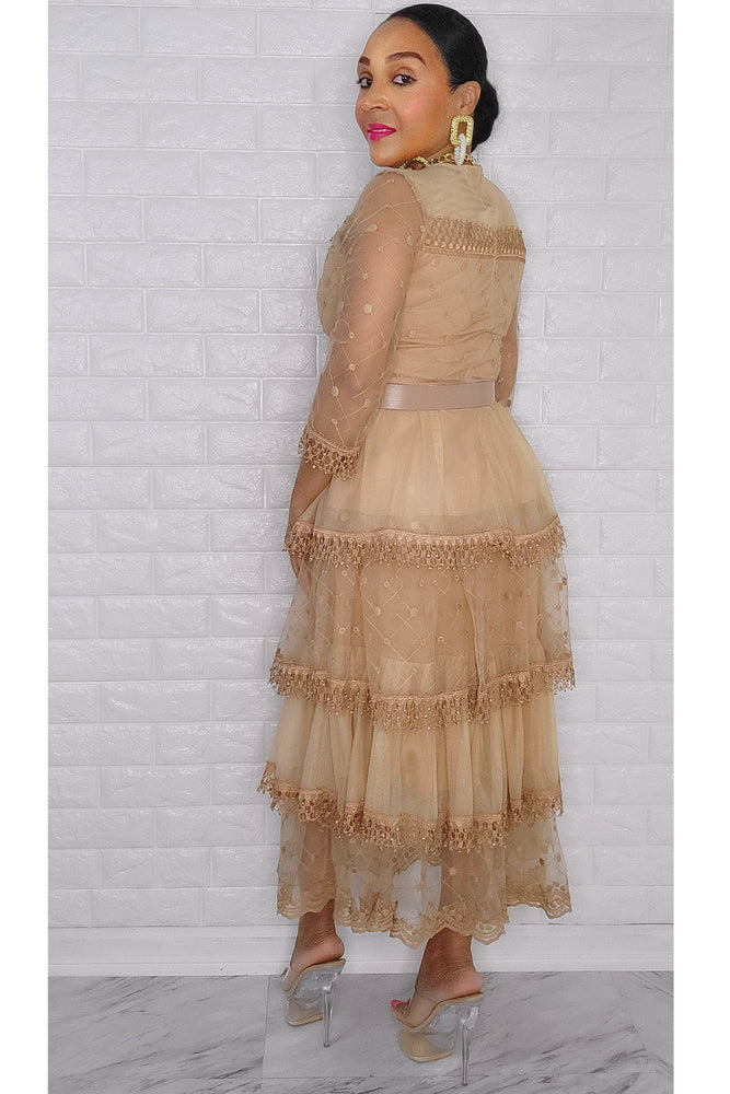 012423 The Beige Lace Ruffle Midi Dress with Belt