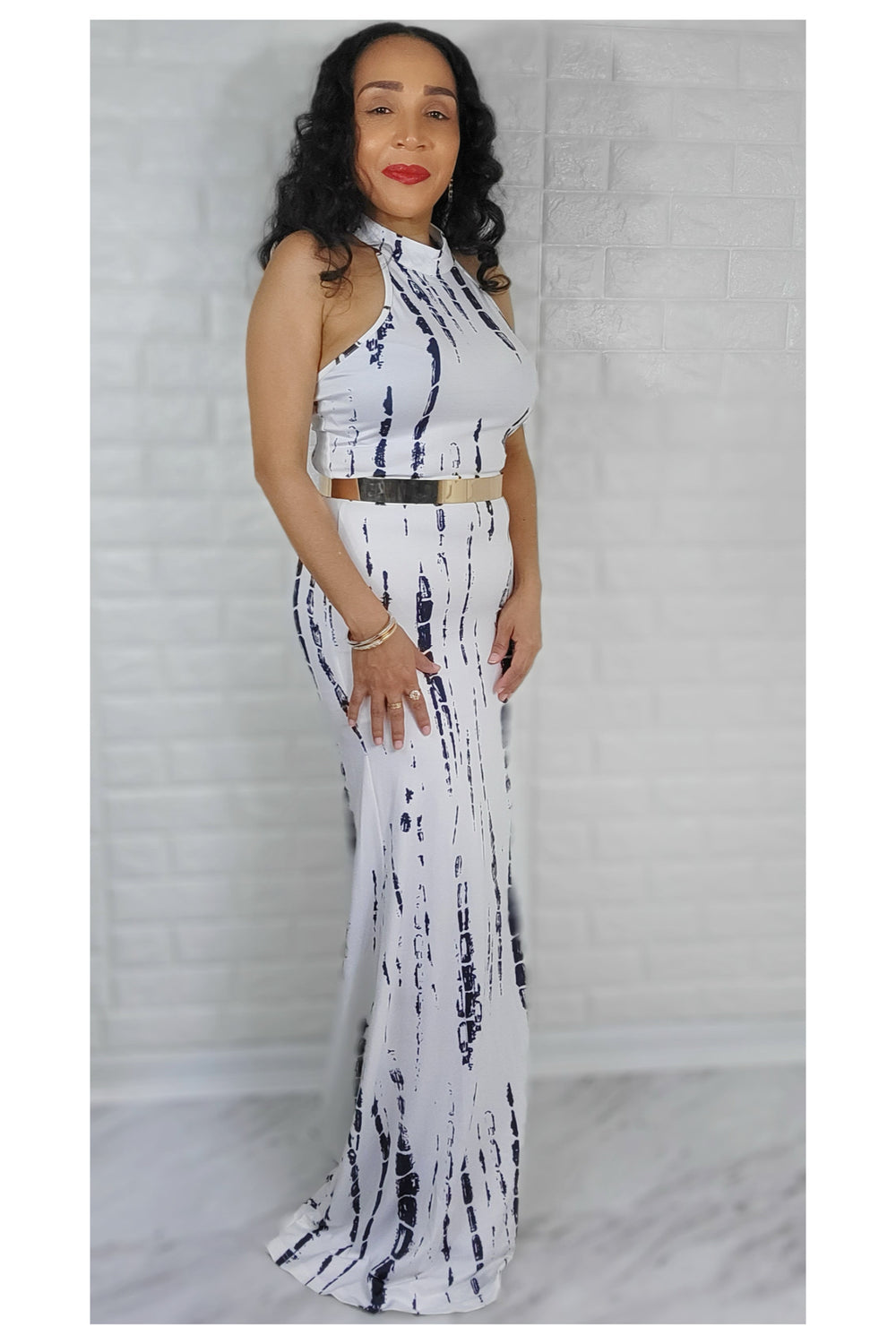 04252022 White/Navy Long Maxi Dress