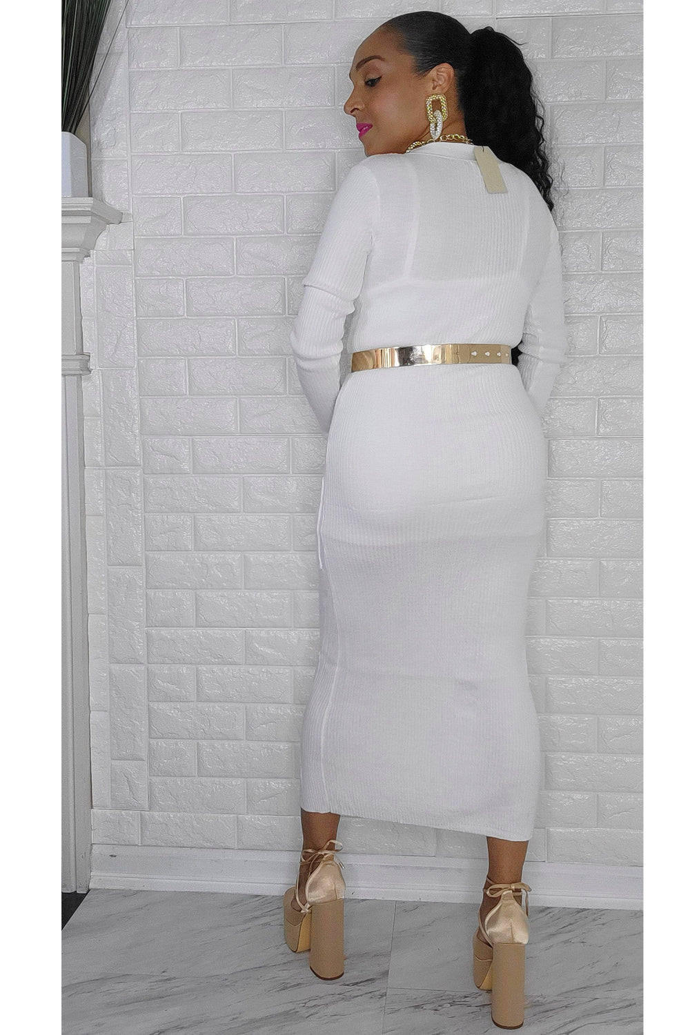 121622 White Button Down Font Pocket Rib Midi Dress