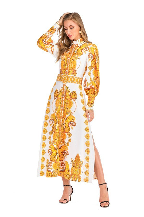 10052021 White & Gold Multi Print Long Sleeves Dress