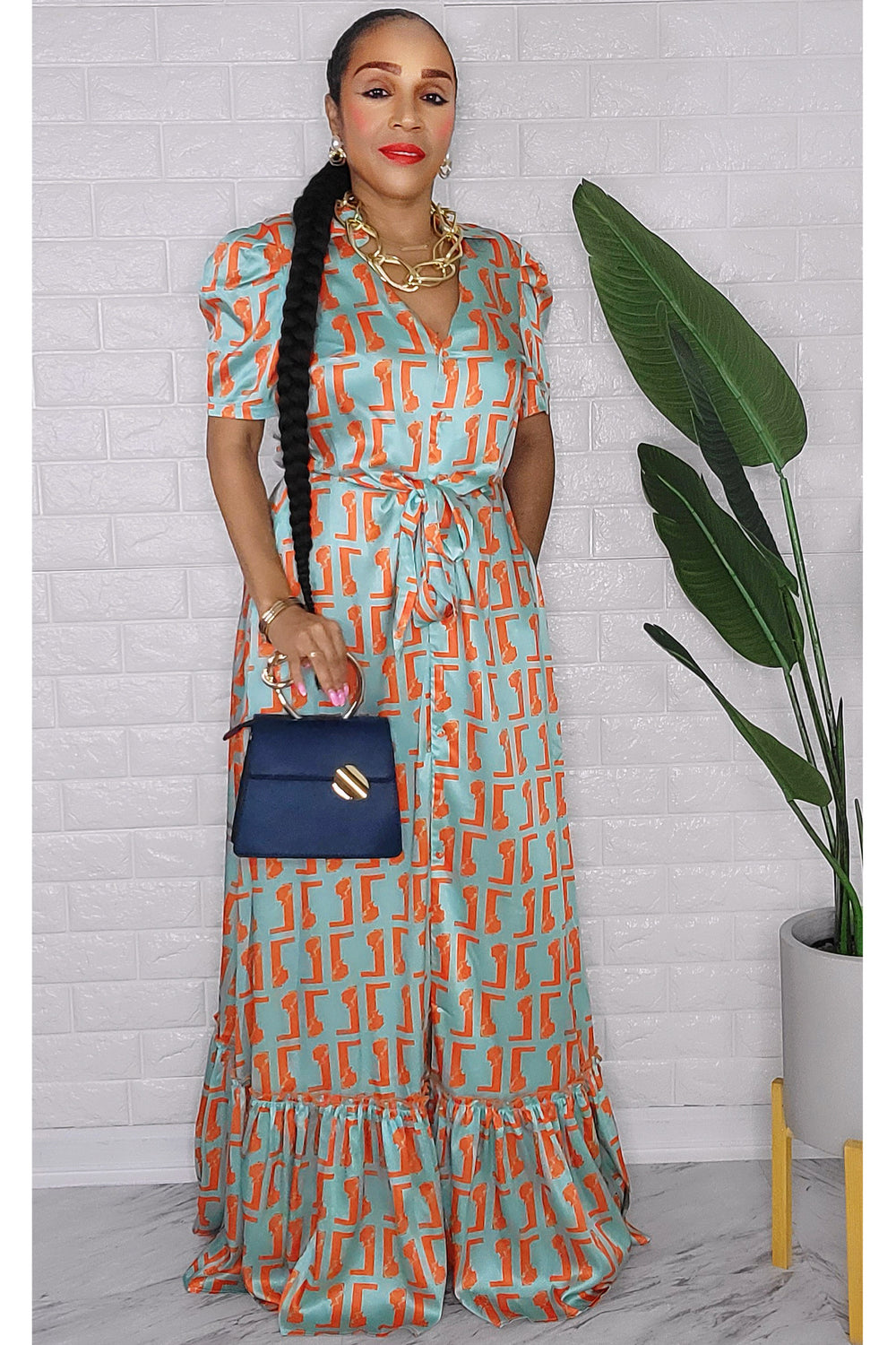020123 Orange Emerald Monogram Maxi Dress