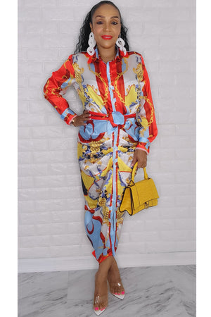 100122  Red Satin Multi Print Midi Dress