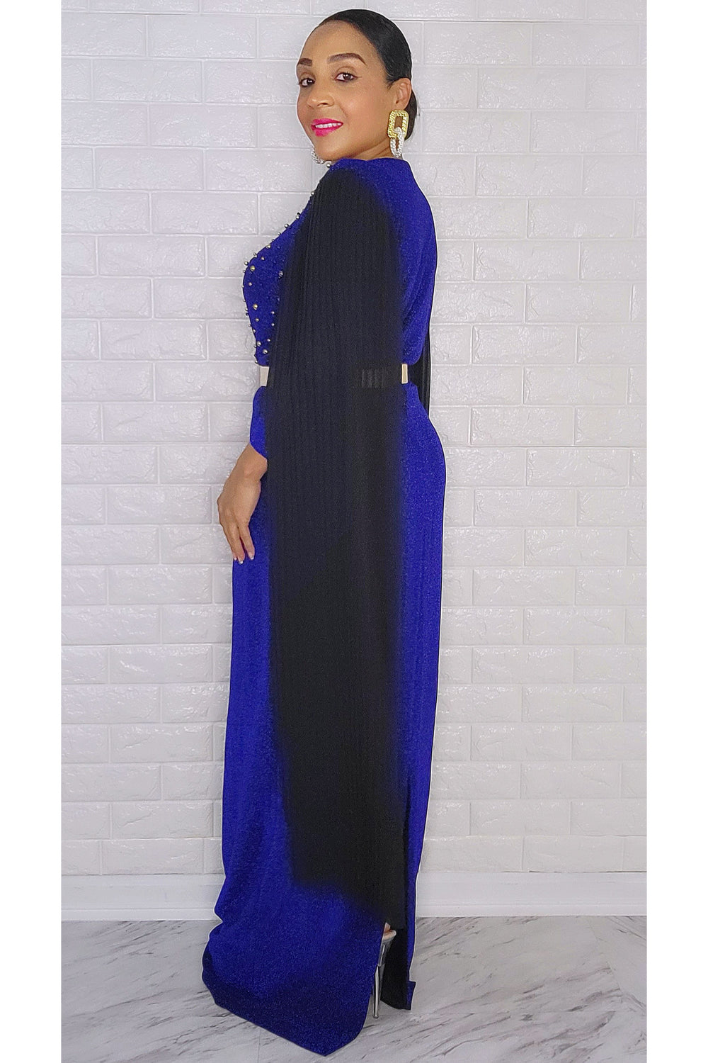 110522 Miss Extra Long Sheer Sleeve Royal Blue Dress