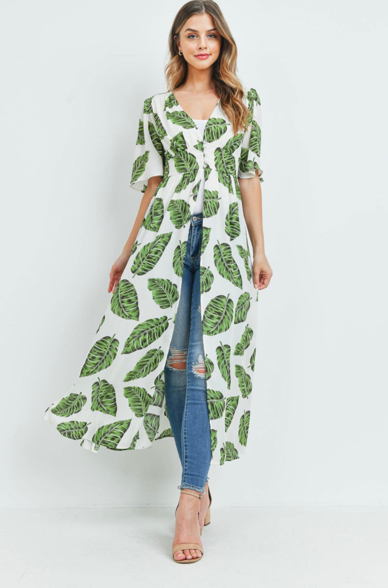 Ivory Green Leaves Duster/Dress
