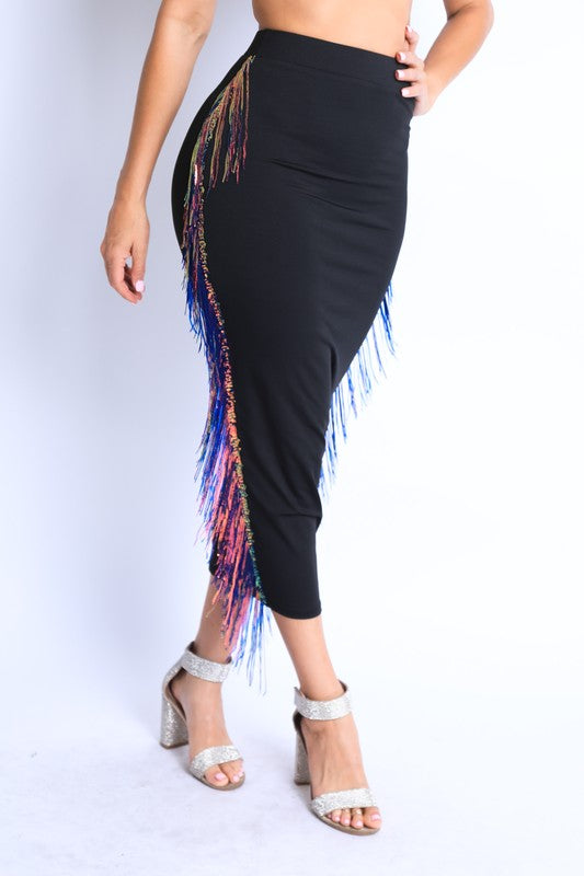 11122021 Black Sequins Fringe Maxi Skirt