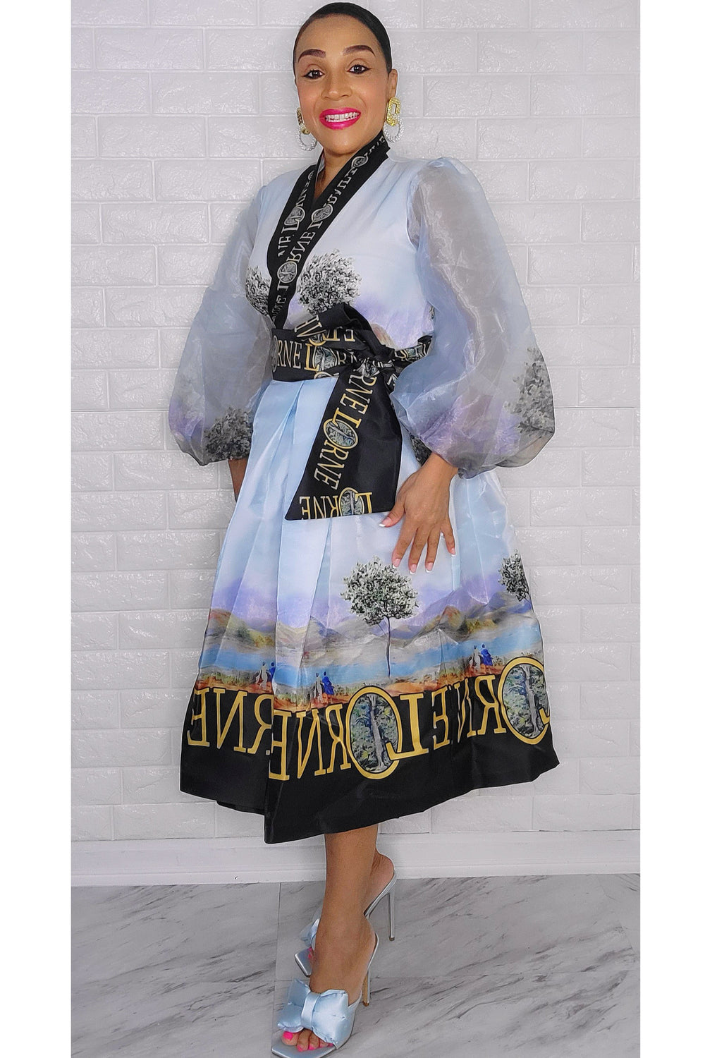 021223 The light Blue French Plain Print Wrap Short Dress