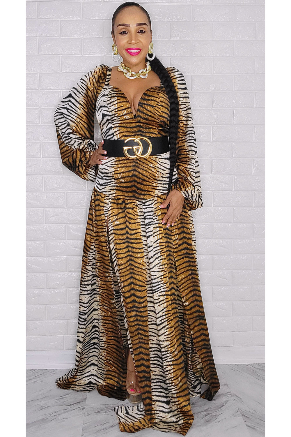 092722 Brown Belted Animal Print Maxi Dress w Split On the Side