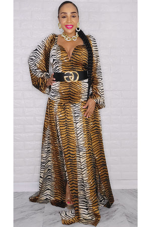 092722 Brown Belted Animal Print Maxi Dress w Split On the Side