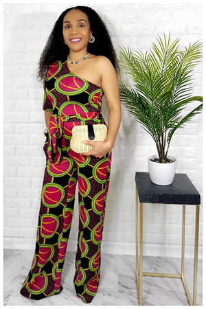 02212022 Green/Magenta Abstract One Shoulder Jumpsuit